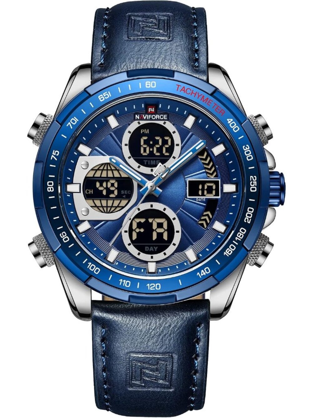 Men's Silver Blue Military Digital Analog Quartz Waterproof Leather Wrist Watch